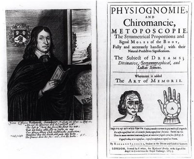 Titelseite von Physiognomie und Chiromancie: Die Kunst des Gedächtnisses von Richard Sanders, mit einem Porträt des Autors, veröffentlicht 1653 von English School